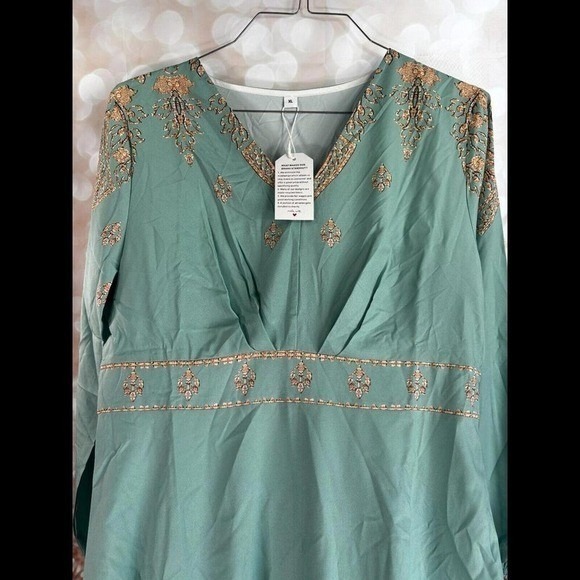 Bohemian Embroidered V Neck Maxi Dress Teal Long Sleeve Flowy Resortwear XL - Picture 7 of 8